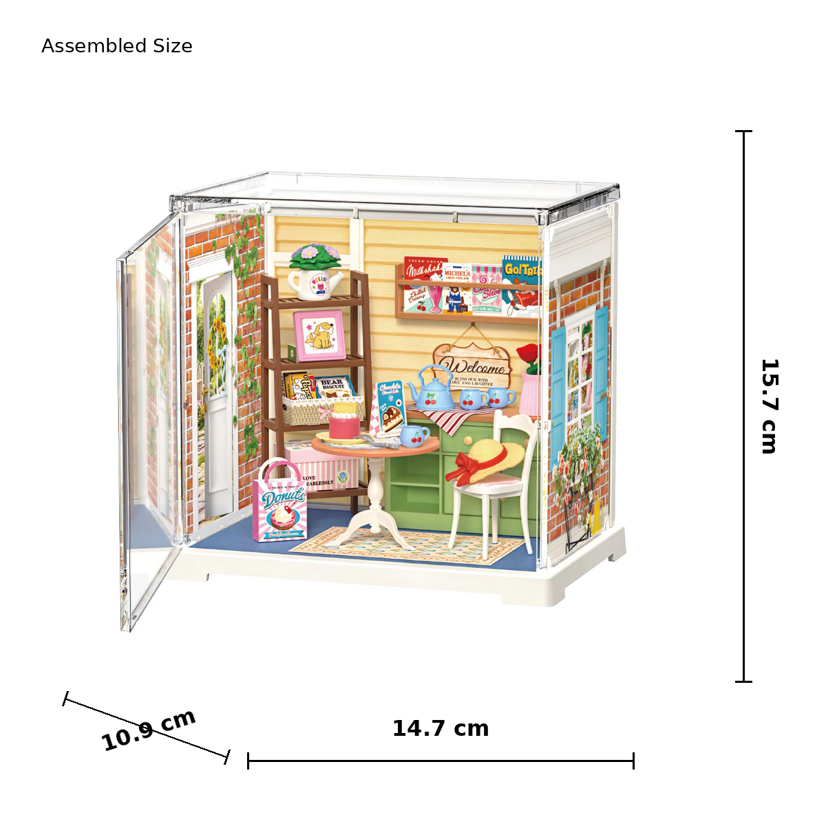 Rolife Sunshine Sip Porch DWS07B assembled size guide showing 14.7 cm length, 10.9 cm depth and 15.7 cm height.
