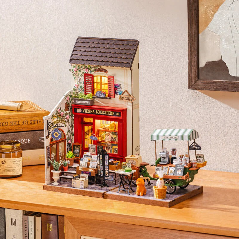 Rolife Vienna Bookstore DG183 and optional Aromatic Coffee Cart arranged as a European miniature street scene