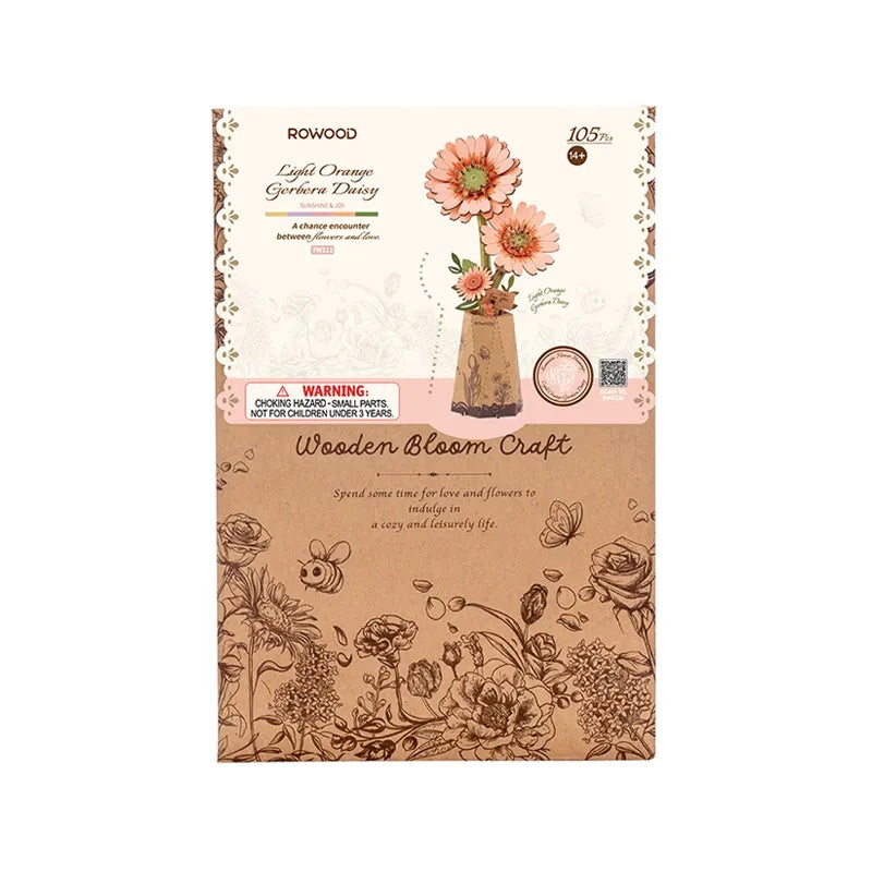 Rowood Light Orange Gerbera Daisy TW111 packaging box front for Wooden Bloom Craft DIY wooden flower kit