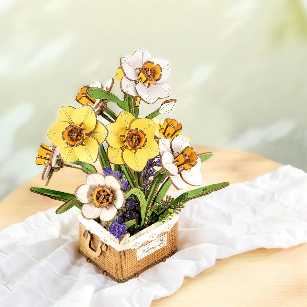 Rowood Narcissus TF002 DIY wooden flower bouquet angled view showing layered daffodil petals and planter details