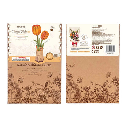 Front and back packaging of the Rowood Orange Tulip TW081 Wooden Bloom Craft kit.