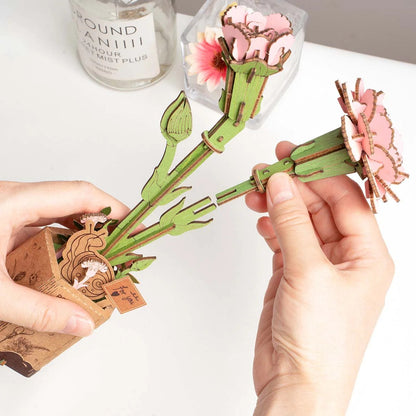 Rowood Pink Carnation TW051 DIY wooden flower puzzle assembly detail with removable flower stem