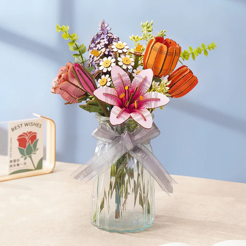 Rowood Pink Lily TW071 wooden flower arranged in a mixed DIY bouquet display