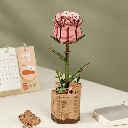 Rowood Pink Rose TW041 wooden rose model displayed on a desk as home decor