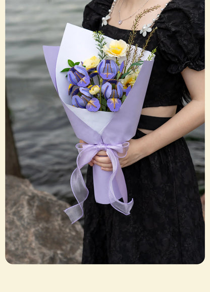 Rowood Purple Iris TW121 wooden flower arranged in a handmade bouquet gift display