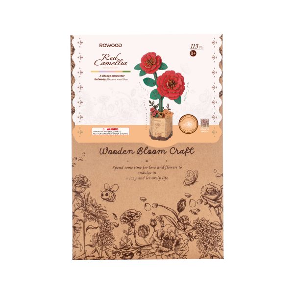 Rowood Red Camellia TW031 Wooden Bloom Craft package front for the 113-piece wooden flower kit