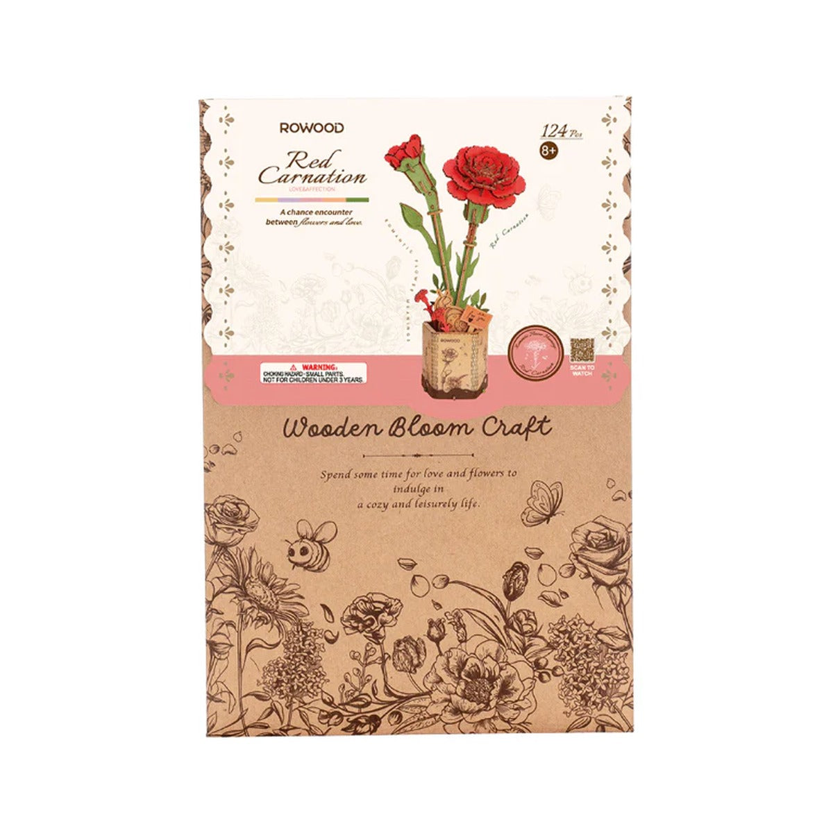 Front packaging of the Rowood Red Carnation TW052 Wooden Bloom Craft DIY flower kit.