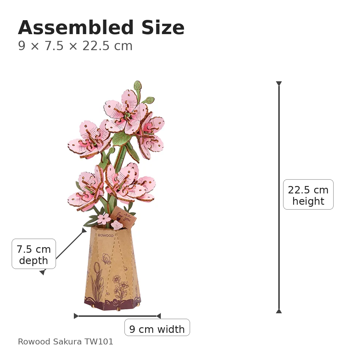 Rowood Sakura TW101 size guide showing assembled dimensions of 9 by 7.5 by 22.5 cm.