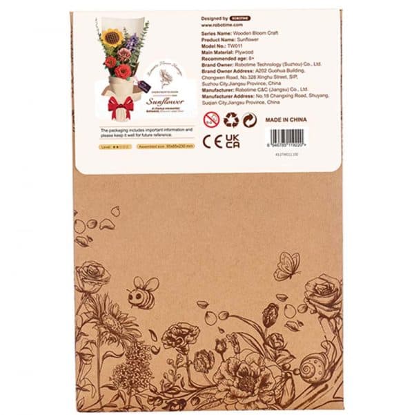 Rowood Sunflower TW011 package back showing product specifications and assembly size information