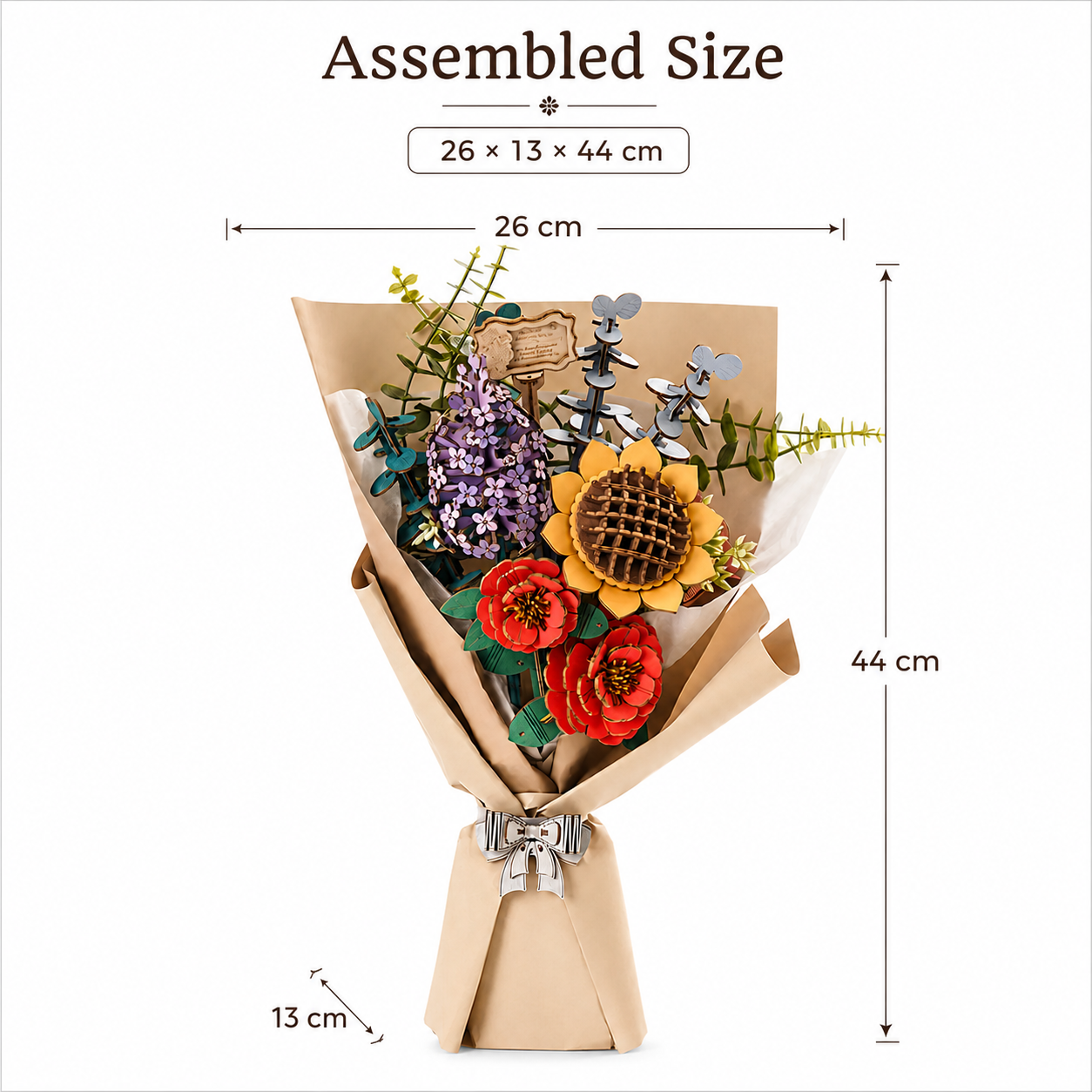 Rowood Wooden Flower Bouquet TW01H size guide showing assembled dimensions of 26 by 13 by 44 cm.