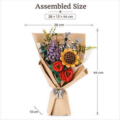 Rowood Wooden Flower Bouquet TW01H size guide showing assembled dimensions of 26 by 13 by 44 cm.