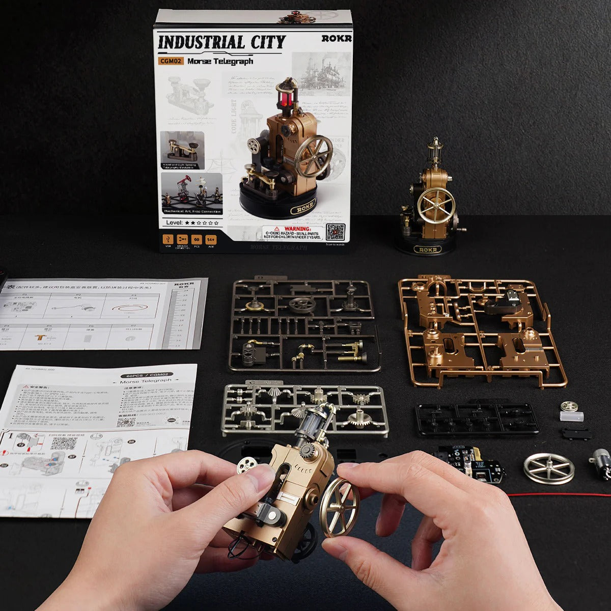 ROKR Morse Telegraph CGM02 kit contents with box, parts, instructions and assembled model