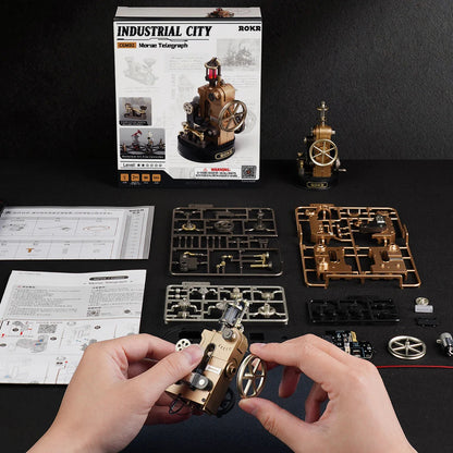 ROKR Morse Telegraph CGM02 kit contents with box, parts, instructions and assembled model