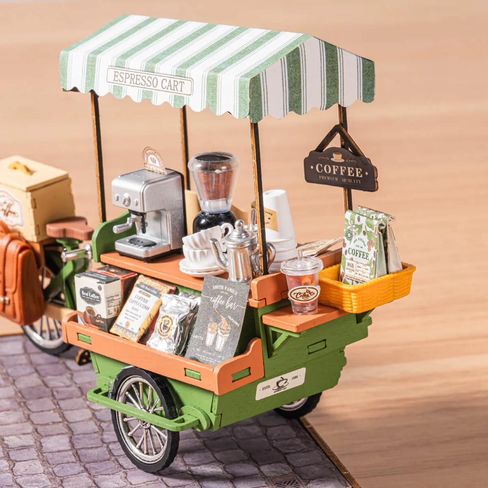 Close-up of the Rolife Aromatic Coffee Cart DG182 showing espresso machine, grinder and coffee accessories