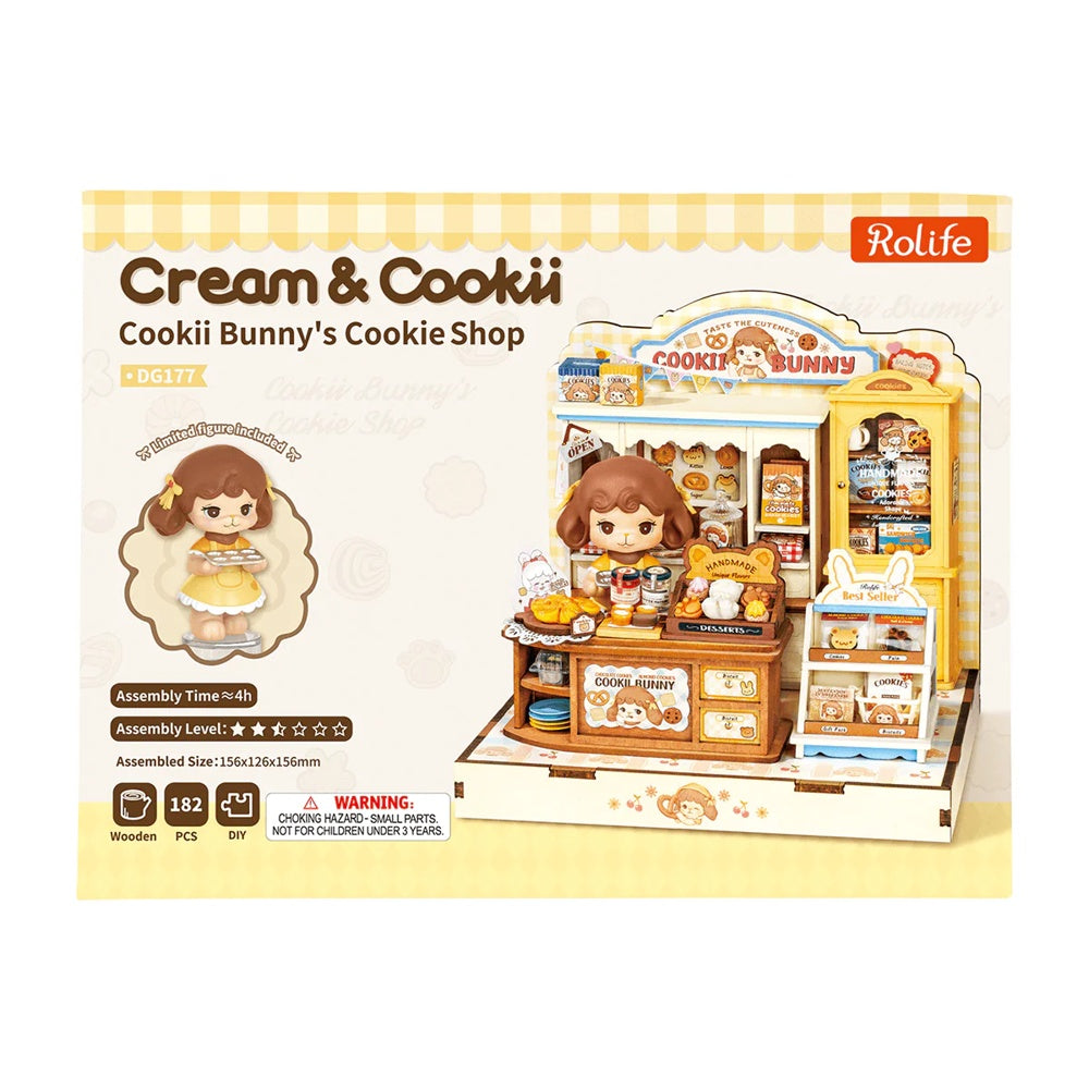 Rolife Cookii Bunny's Cookie Shop DG177 packaging with key specifications and included figure