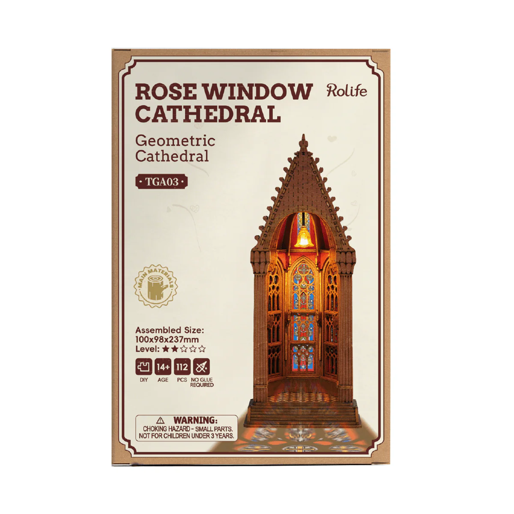Rolife Geometric Cathedral TGA03 package box for Rose Window Cathedral 112-piece wooden puzzle kit