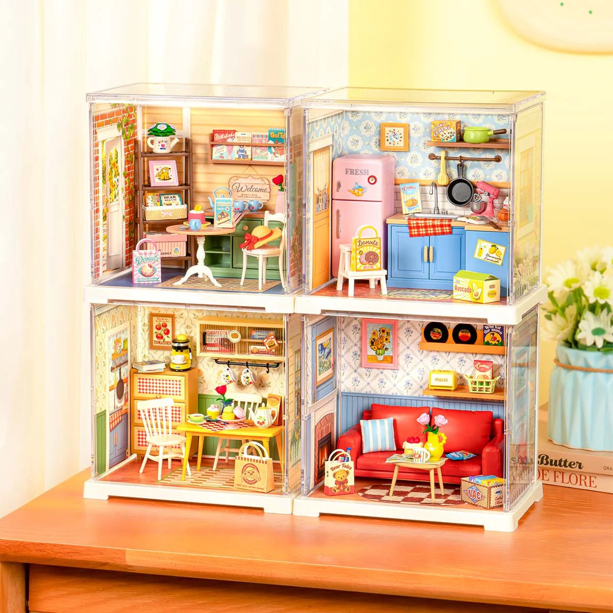 Rolife Homely Baking Kitchen DWS08B displayed with other Mini Super Creator rooms in a stackable lifestyle setup.