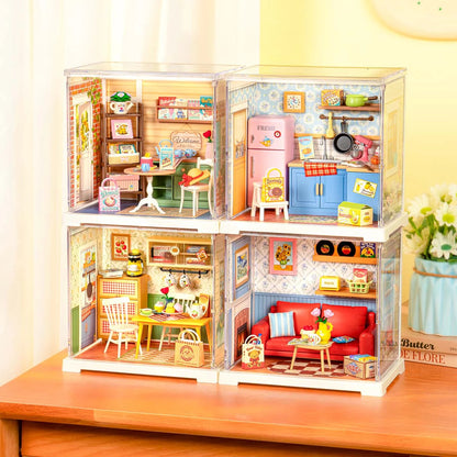 Rolife Homely Baking Kitchen DWS08B displayed with other Mini Super Creator rooms in a stackable lifestyle setup.