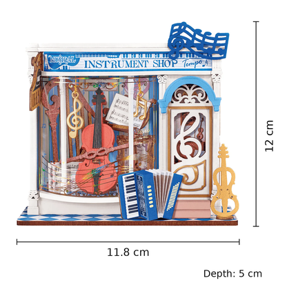 Rolife Melody Instrument Shop DS047 assembled size guide showing 11.8 cm by 5 cm by 12 cm