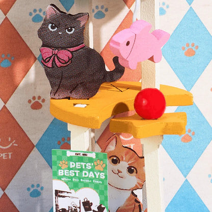 Rolife Pawfect Pet Shop DS045 close-up of black cat, fish toy, and cat tower pet shop interior