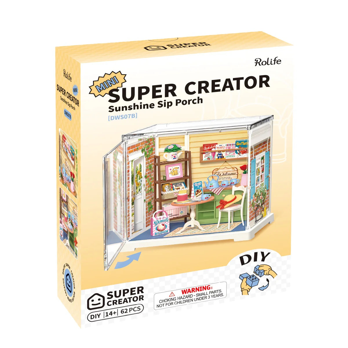 Rolife Sunshine Sip Porch DWS07B product packaging box for the Mini Super Creator DIY kit.