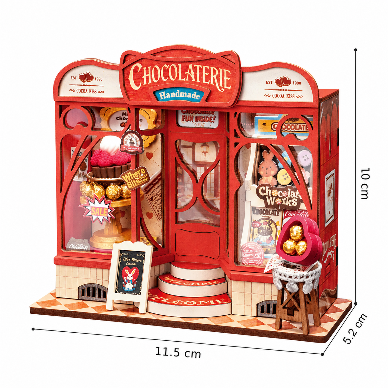Rolife Sweet Chocolate Shop DS046 size guide showing assembled dimensions 11.5 x 5.2 x 10 cm