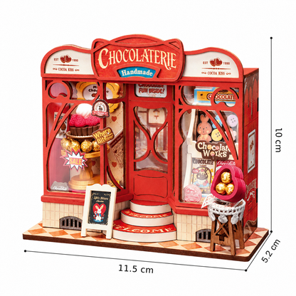 Rolife Sweet Chocolate Shop DS046 size guide showing assembled dimensions 11.5 x 5.2 x 10 cm