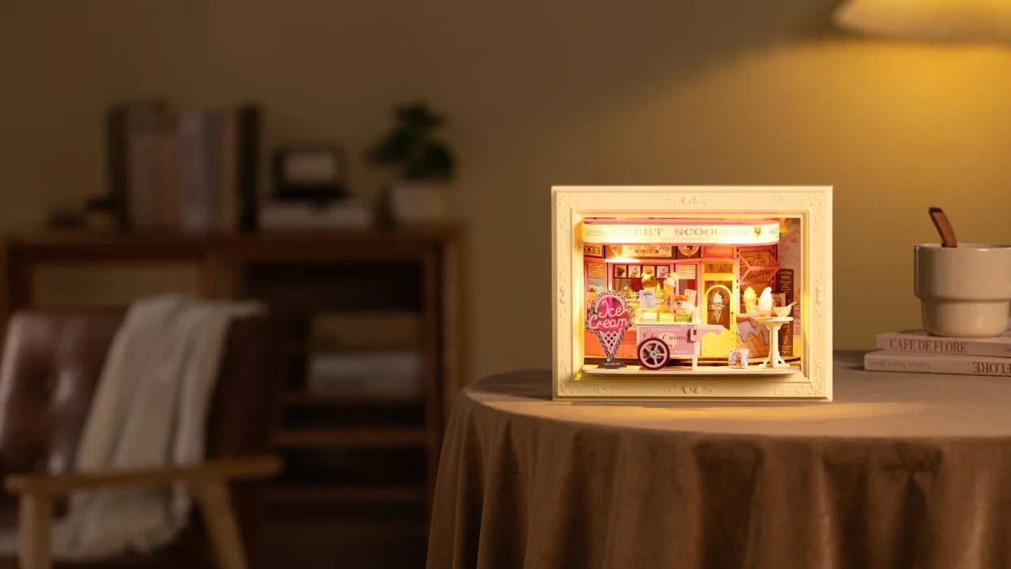 Rolife Sweet Scoopery Ice Cream DP002 warm LED light display scene on a table