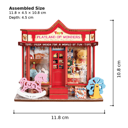 Rolife Whimsy Toy Shop DS044 size guide showing assembled dimensions 11.8 x 4.5 x 10.8 cm.