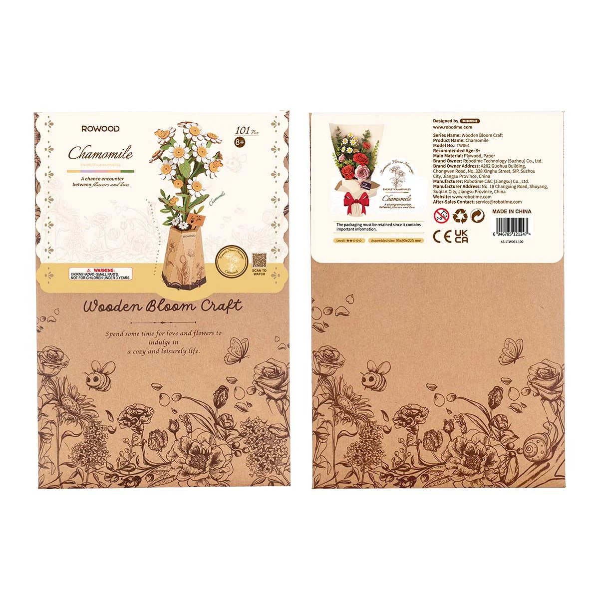 Rowood Chamomile TW061 packaging box front and back for the wooden bloom craft kit