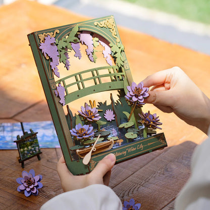 Rowood Glittering Water Lily TH001 handcraft assembly process placing a wooden flower