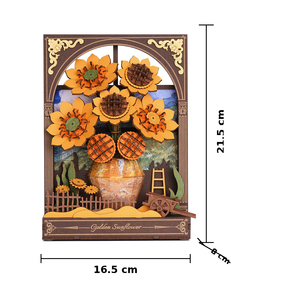 Rowood Golden Sunflower TH002 size guide in cm showing 16.5 cm x 8 cm x 21.5 cm assembled dimensions