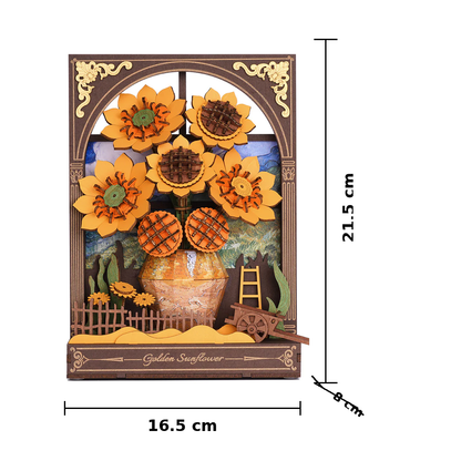 Rowood Golden Sunflower TH002 size guide in cm showing 16.5 cm x 8 cm x 21.5 cm assembled dimensions