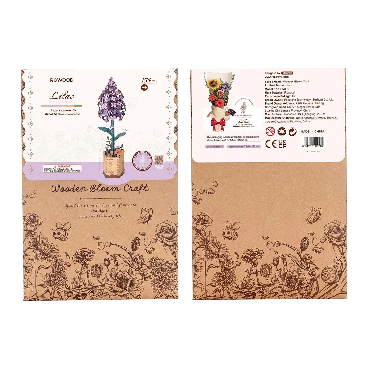 Rowood Lilac TW021 product packaging front and back with wooden bloom craft design