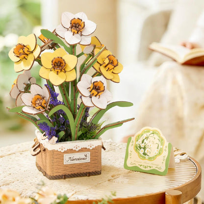 Rowood Narcissus TF002 wooden flower bouquet with greeting card display for handmade gift presentation