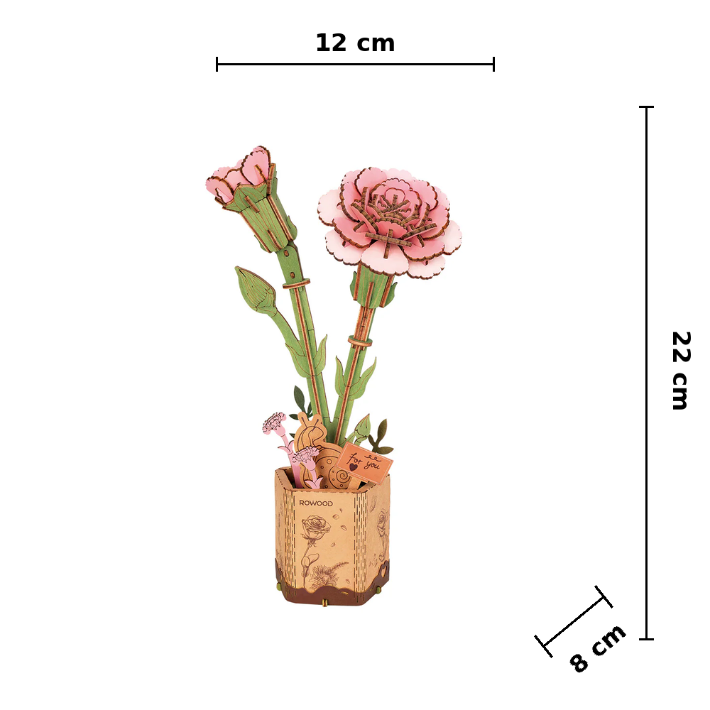 Rowood Pink Carnation TW051 assembled size guide showing 12 x 8 x 22 cm