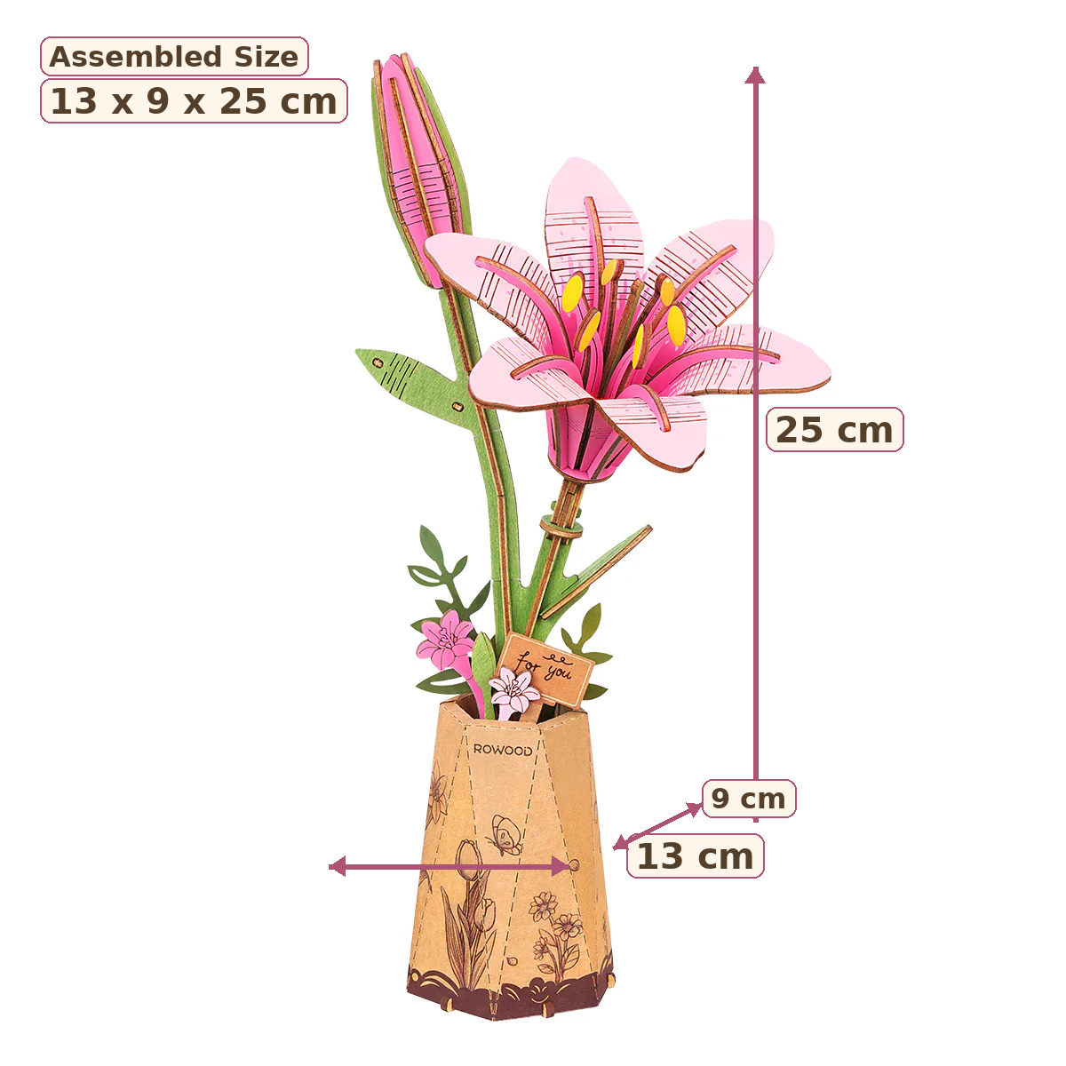 Rowood Pink Lily TW071 assembled size guide showing 13 x 9 x 25 cm