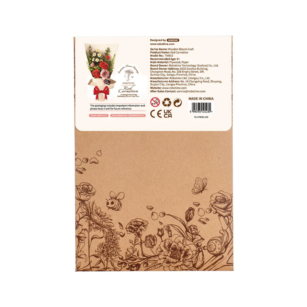 Back packaging of the Rowood Red Carnation TW052 kit showing product information and safety marks.