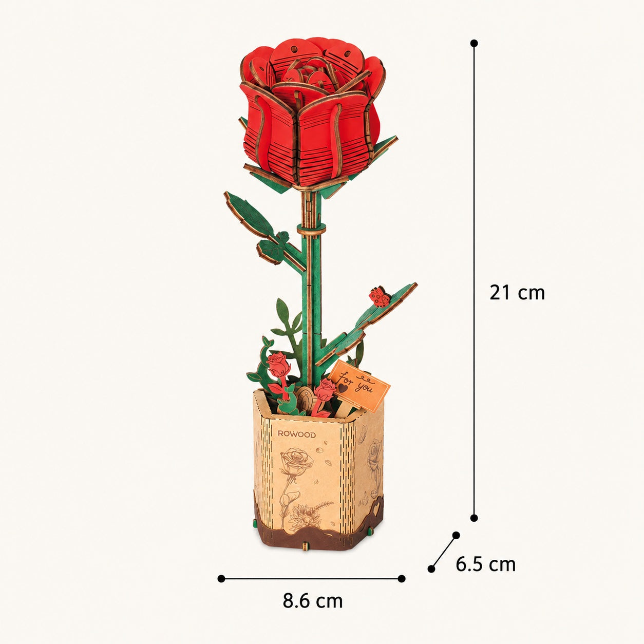 Rowood Red Rose TW042 assembled size chart showing 8.6 x 6.5 x 21 cm