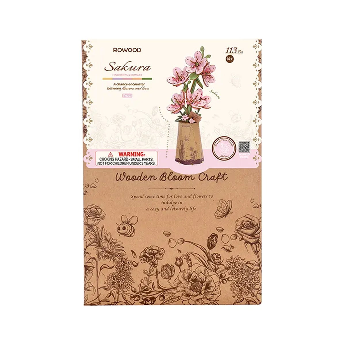 Front packaging of the Rowood Sakura TW101 Wooden Bloom Craft DIY wooden flower kit.