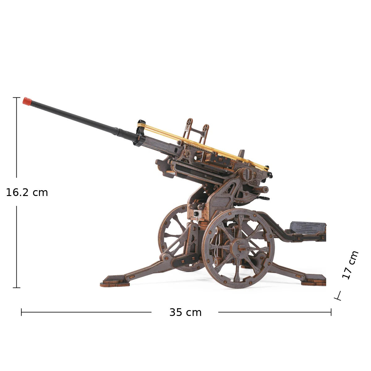 ROKR Anti-aircraft Gun LQM01 assembled size chart showing 35 x 17 x 16.2 cm