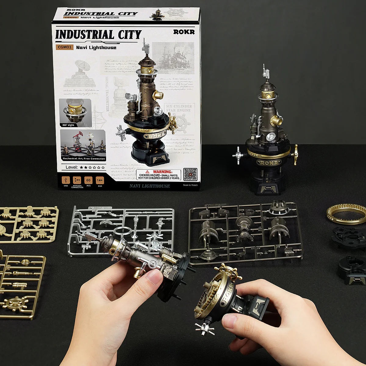 ROKR Navi Lighthouse CGM01 parts and hands-on assembly process with box and components