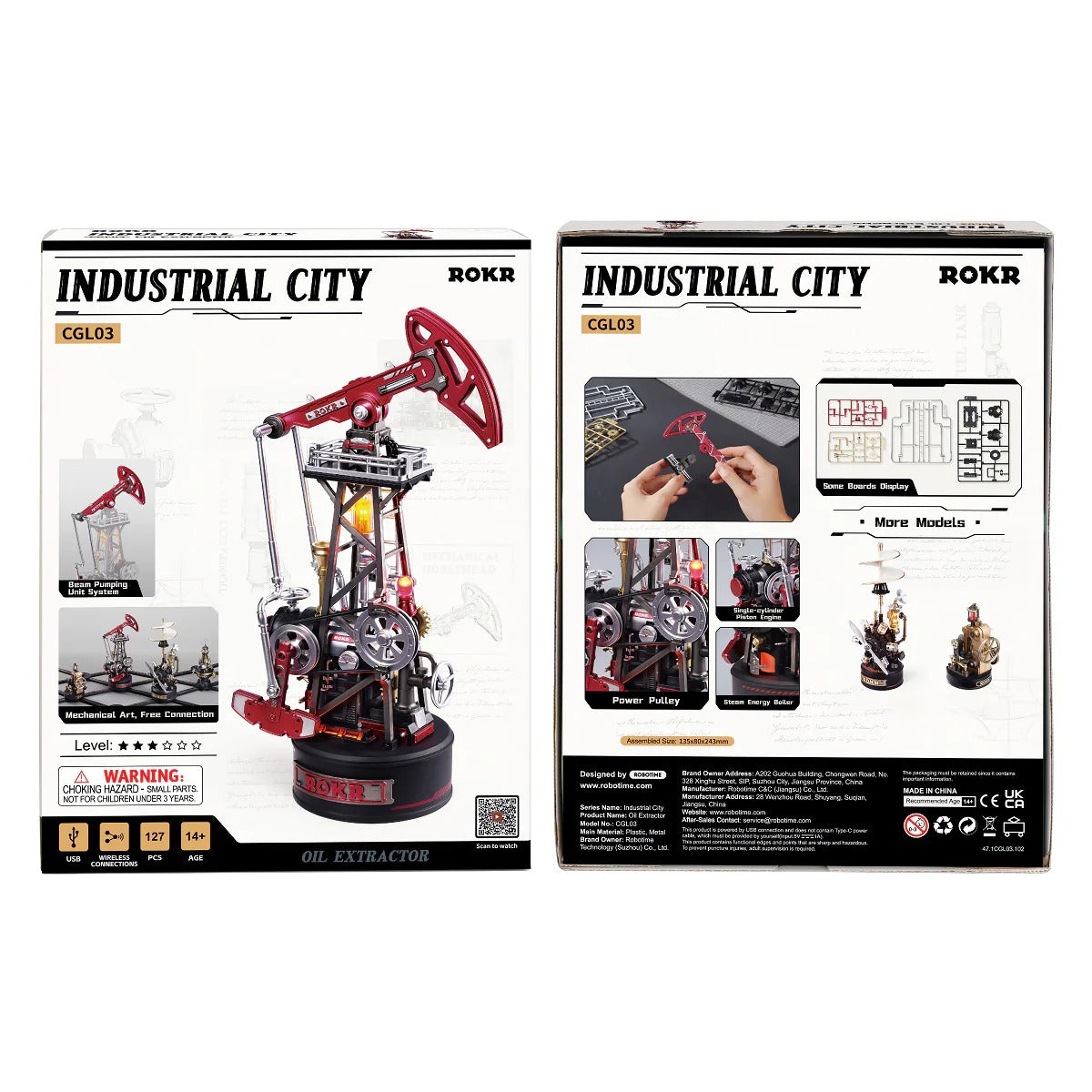 ROKR Oil Pump Jack CGL03 retail packaging front and back with model features and kit information
