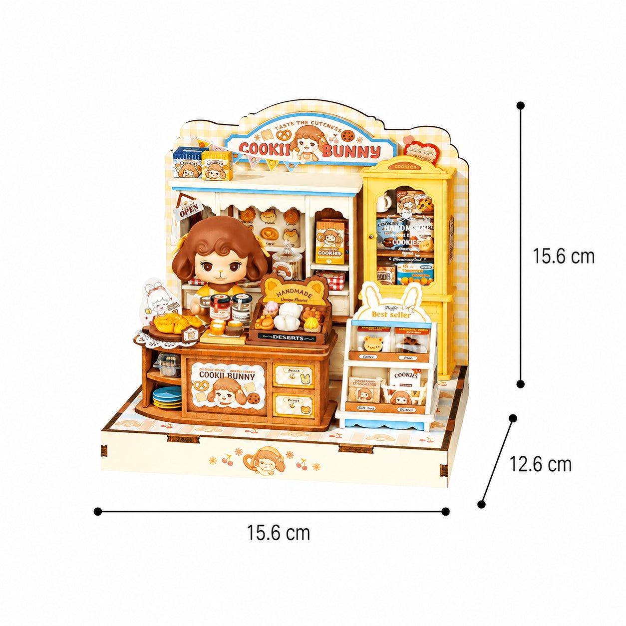 Rolife Cookii Bunny's Cookie Shop DG177 assembled size chart showing 15.6 x 12.6 x 15.6 cm