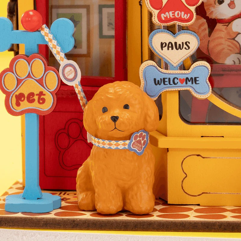 Rolife Pawfect Pet Shop DS045 close-up of puppy welcome figure and pet shop signs