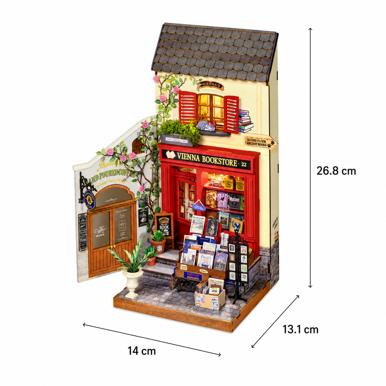 Rolife Vienna Bookstore DG183 assembled size chart showing 14 x 13.1 x 26.8 cm