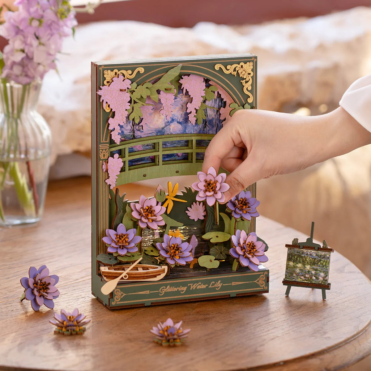 Rowood Glittering Water Lily TH001 flower assembly detail with loose wooden petals