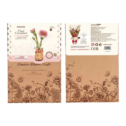 Rowood Pink Carnation TW051 wooden flower puzzle packaging box front and back