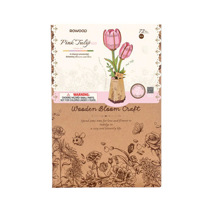 Rowood Pink Tulip TW082 packaging box front for Wooden Bloom Craft DIY wooden flower kit
