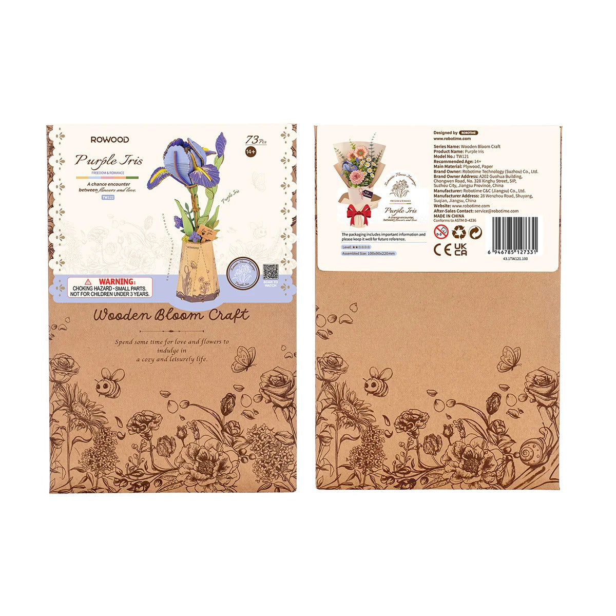 Rowood Purple Iris TW121 wooden flower puzzle packaging box front and back